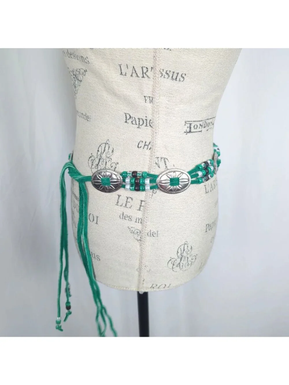 Vintage 80s Green Conch Belt Small Medium Beaded Leather Native